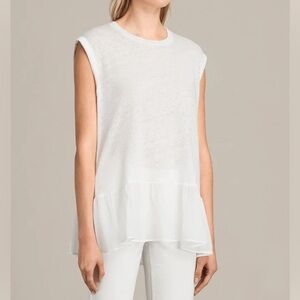 All Saints White 100% Linen Sleeveless Tee with Viscose Ruffle Bottom XS